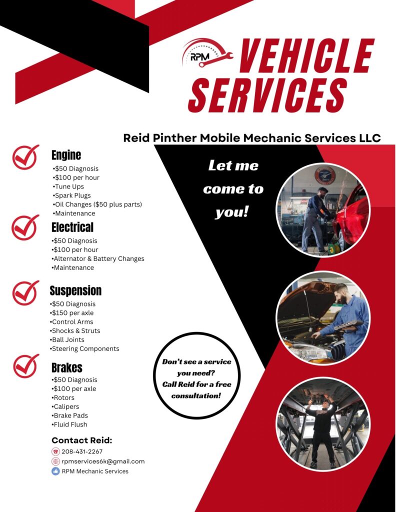 RPM Mobile Mechanic Services flyer showing vehicle services and pricing
