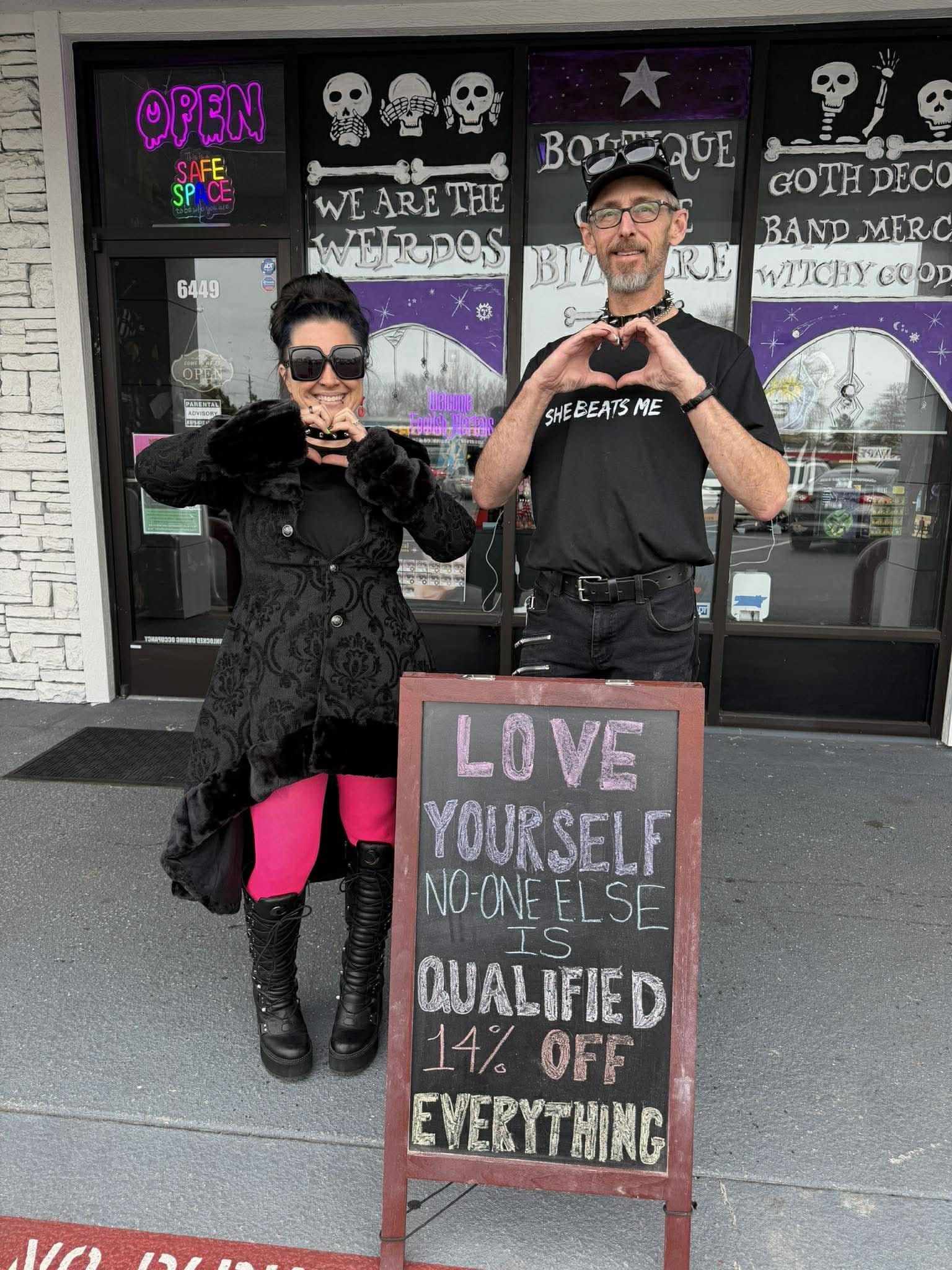 Heather Jacobson and partner in front of Goth With Glitter boutique in Boise Idaho